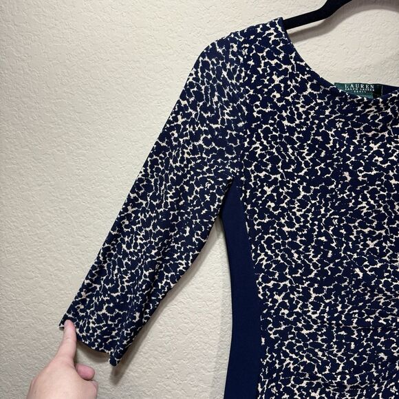 NEW Lauren Ralph Lauren Navy Tan Leopard Sheath Dress Womens 4 LRL Stretch Lined - Picture 7 of 12